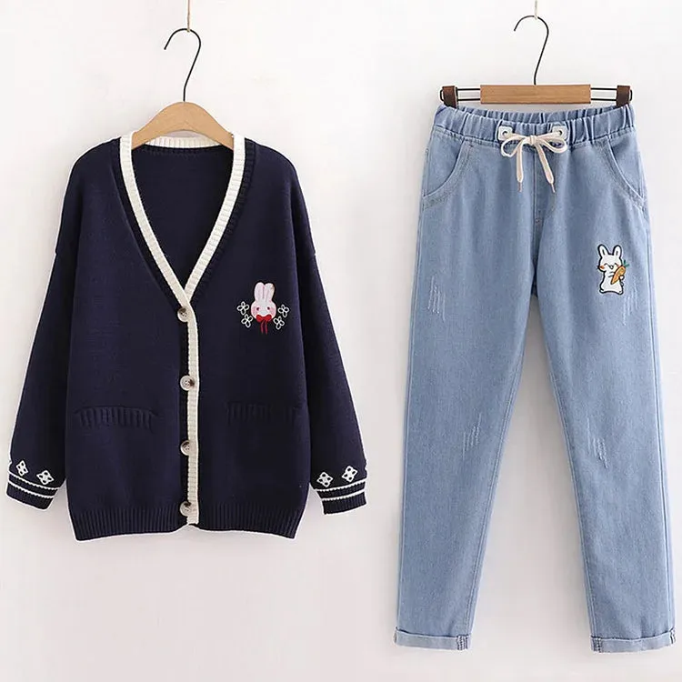 Japanese Cartoon Bunny Embroidery Cardigan Sweater Jeans Set - Casual Style