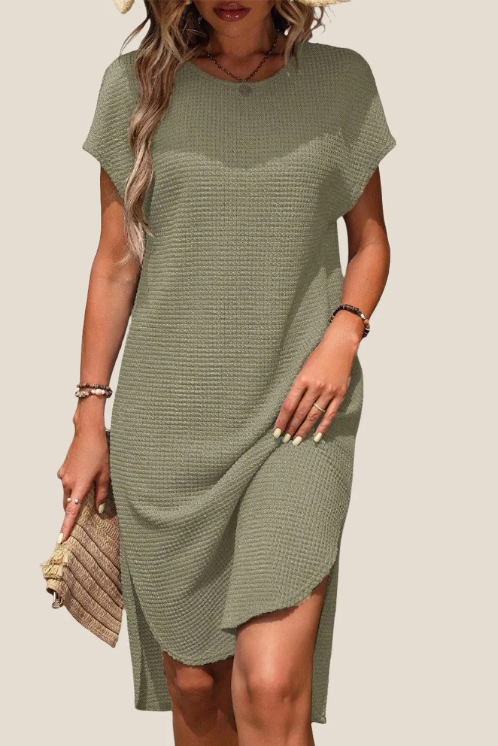 Jungle Green Waffle Texture Curved Hem Side Slit Long Tunic T-shirt Dress