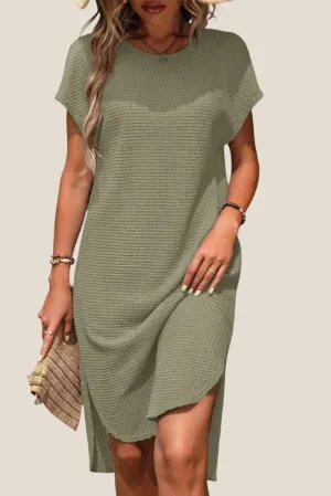 Jungle Green Waffle Texture Curved Hem Side Slit Long Tunic T-shirt Dress