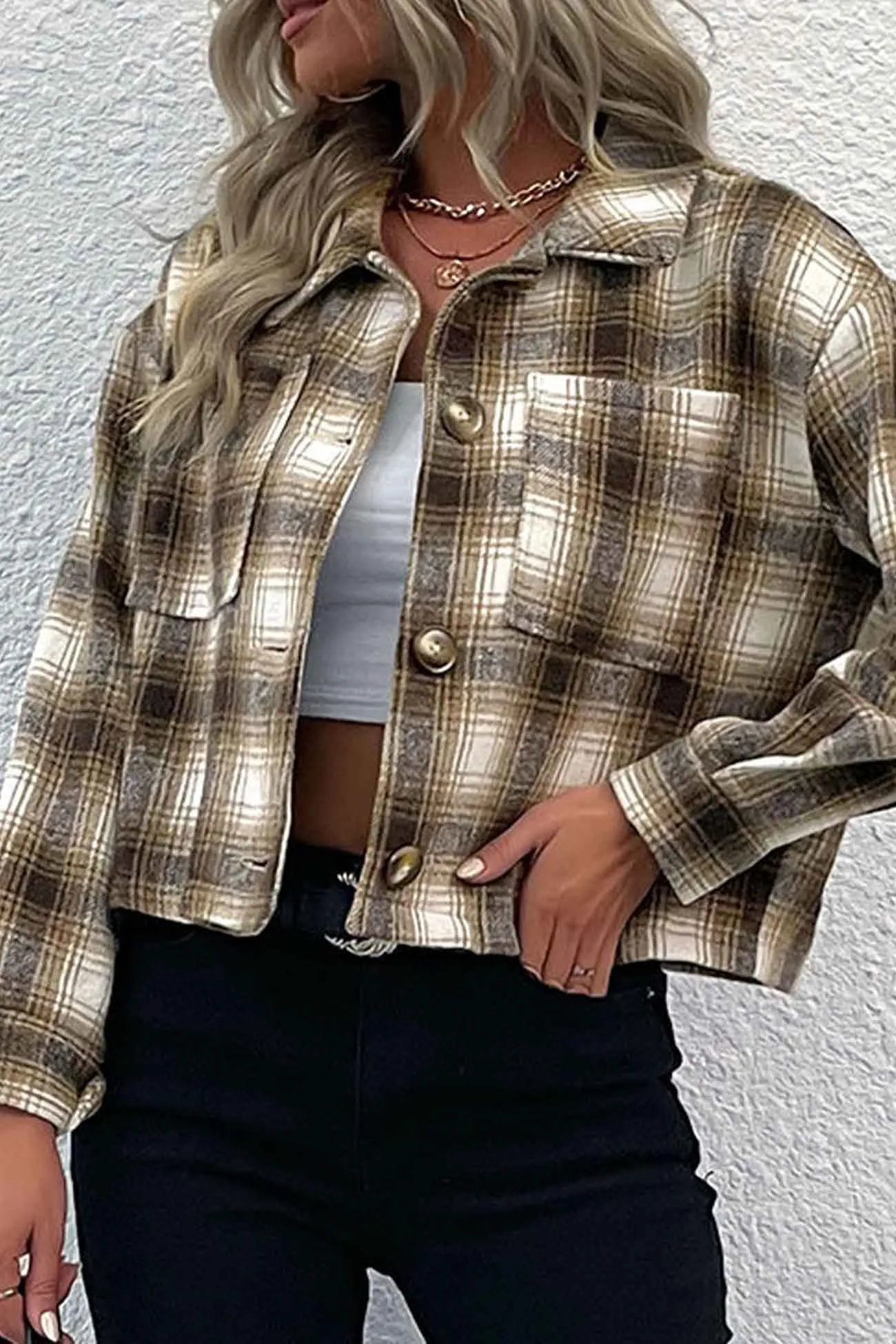 Khaki Lapel Plaid Button Up Shacket