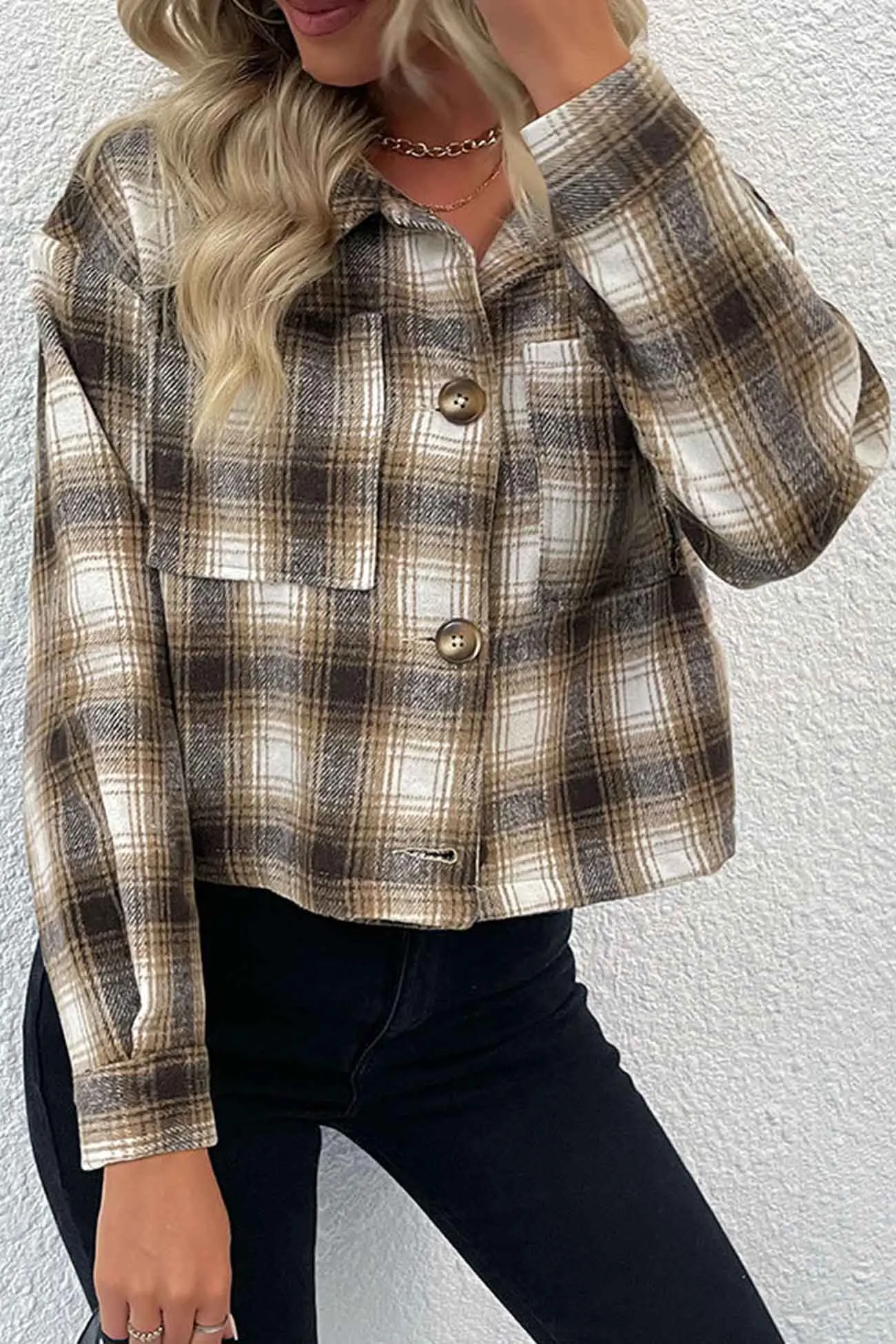 Khaki Lapel Plaid Button Up Shacket