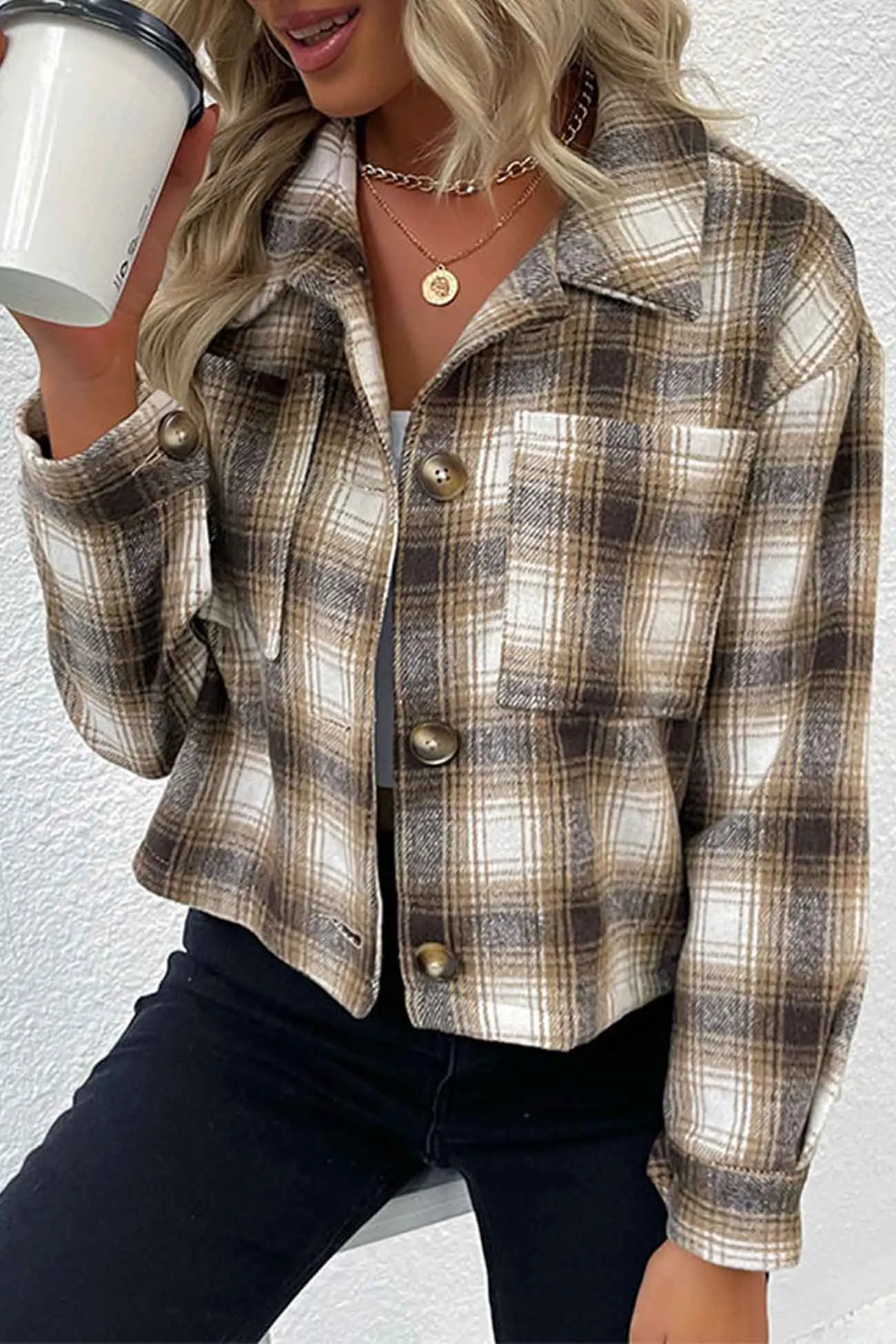 Khaki Lapel Plaid Button Up Shacket