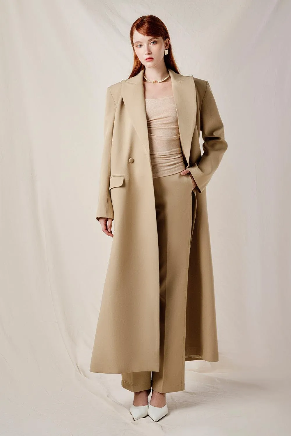 Lady Straight Peak Lapel Cotton Midi Trench Coat