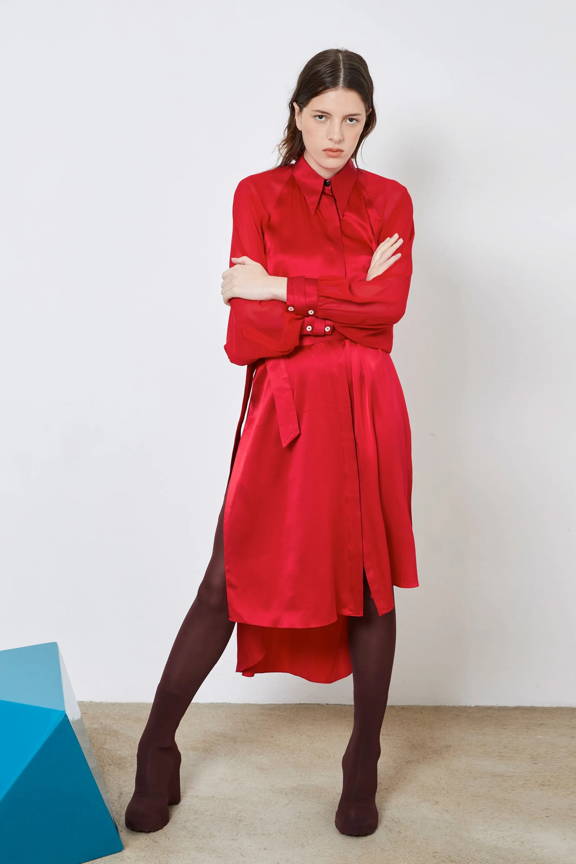 LAND red - fluid silk shirt dress