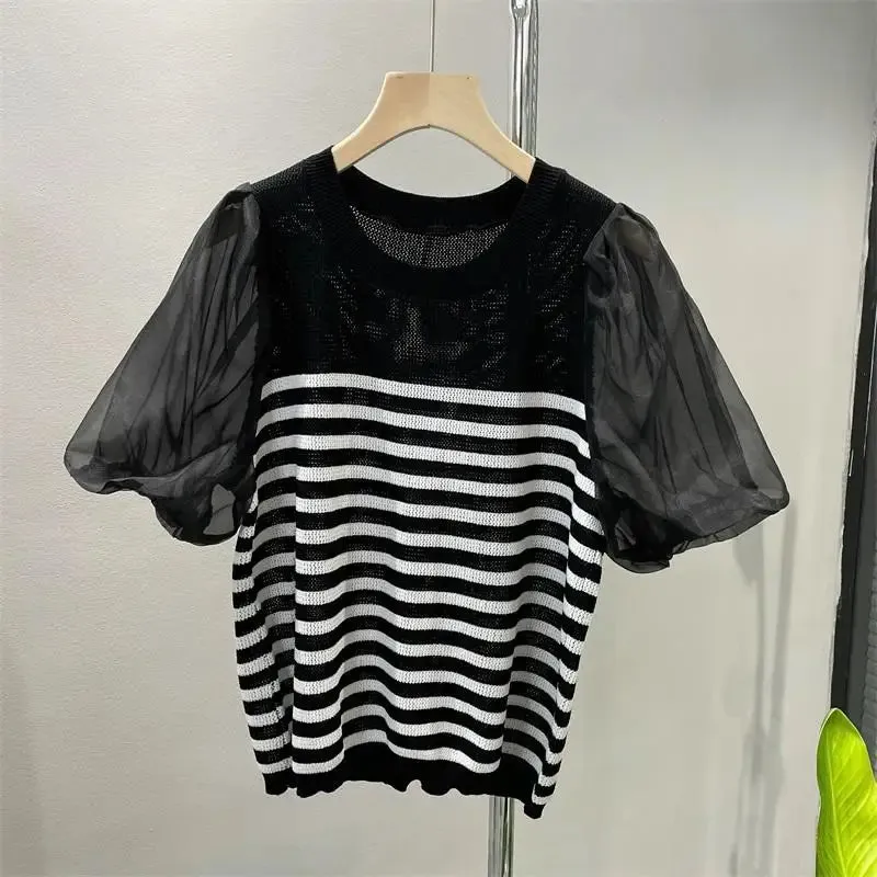 Lantern Short Sleeve Shirt For Women's Summer New Vintage Striped Blouse Tops Female B-085