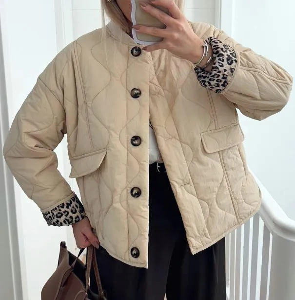 Leopard Print Lining Puffer Jacket Quilted Jacket Begie