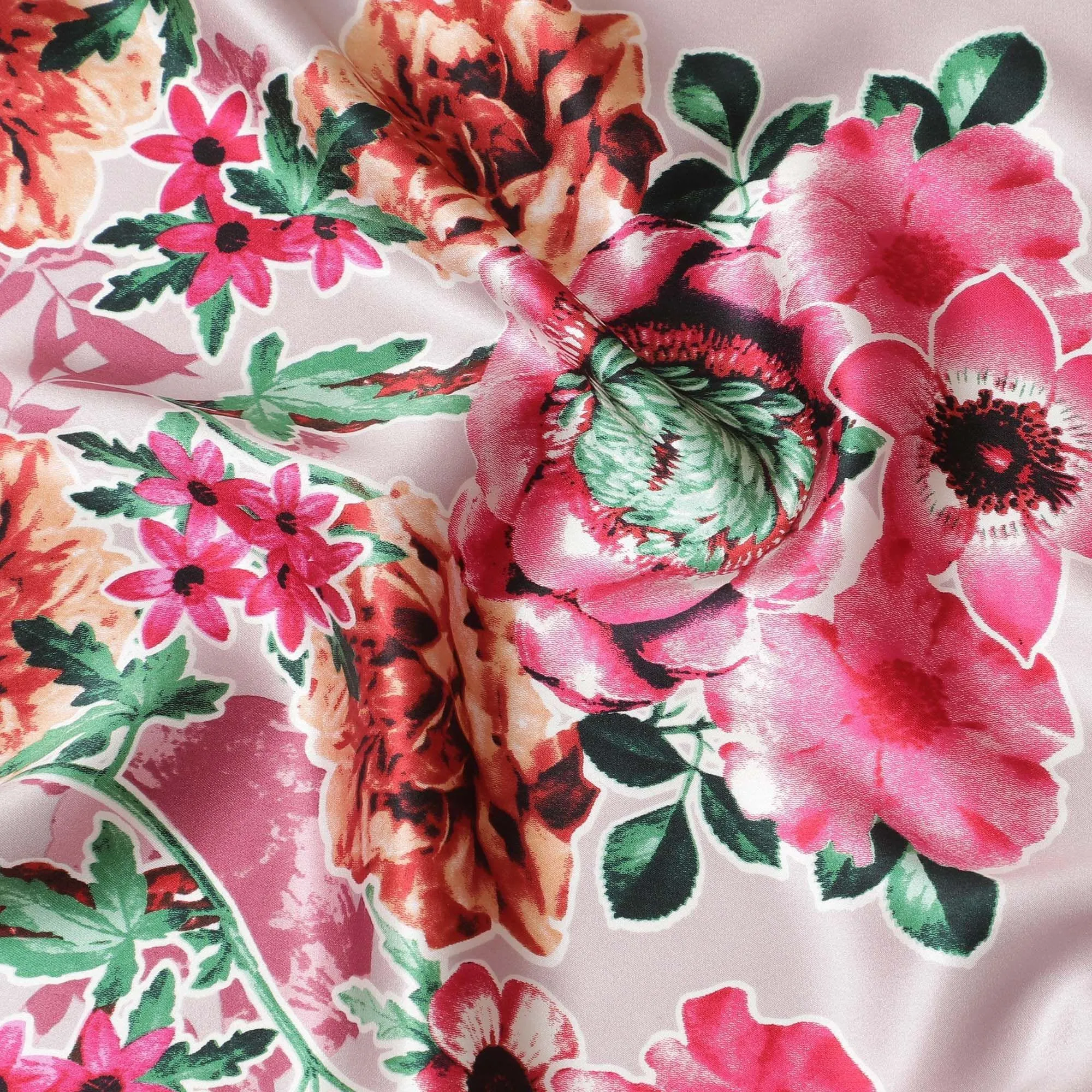 Light pink pure silk satin fabric with multicolor print in floral design-D11039