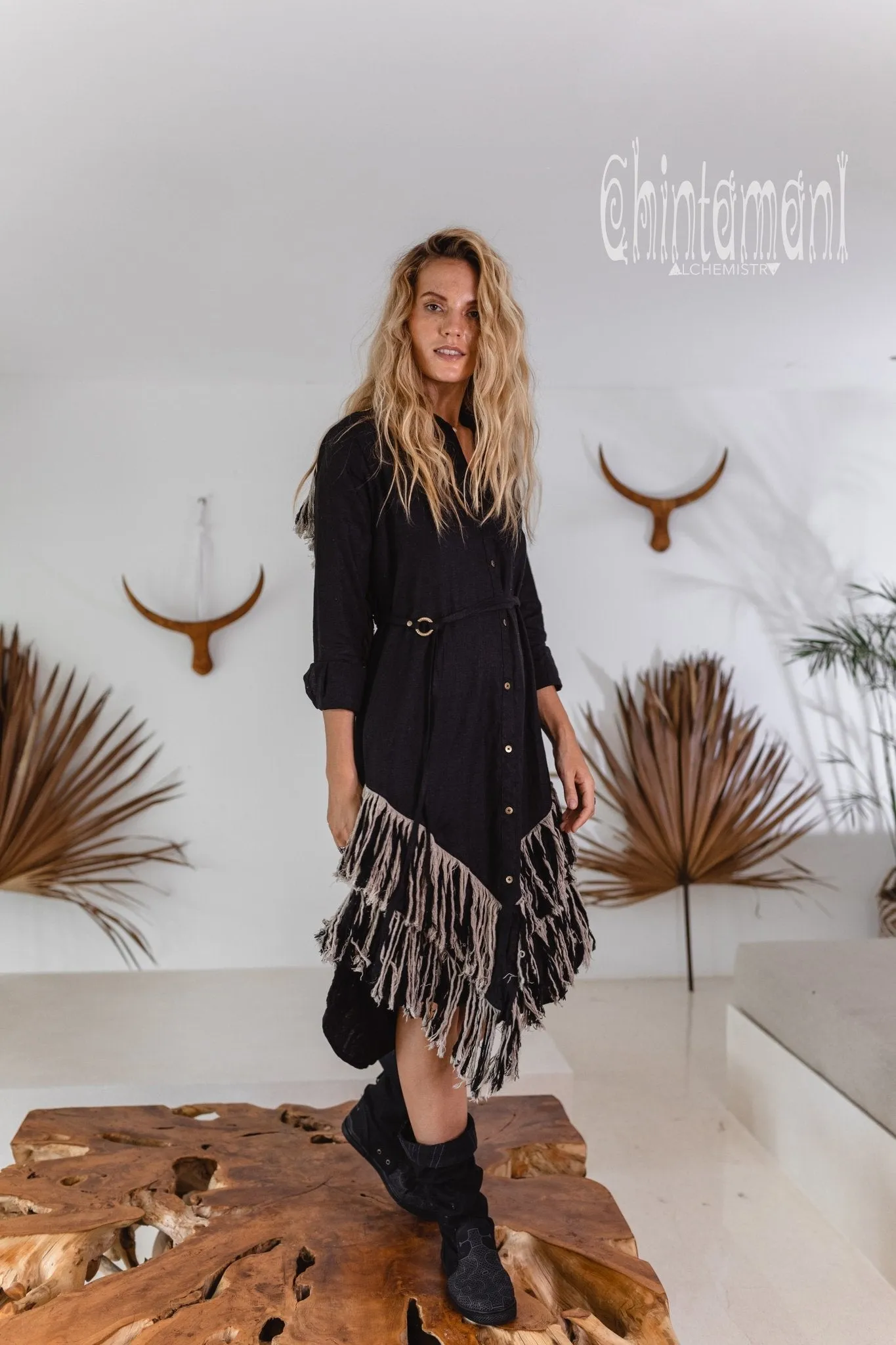 Linen Fringe Boho Shirt Dress for Women / Black