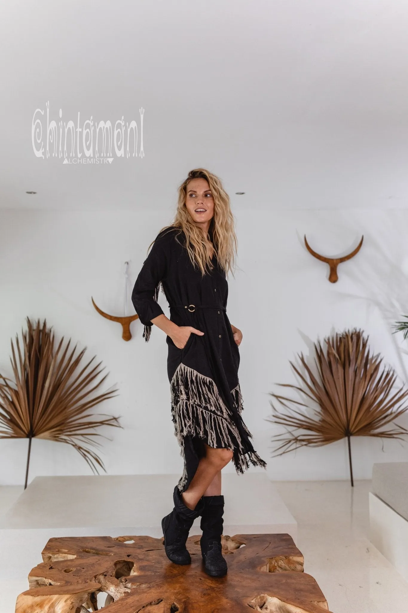 Linen Fringe Boho Shirt Dress for Women / Black