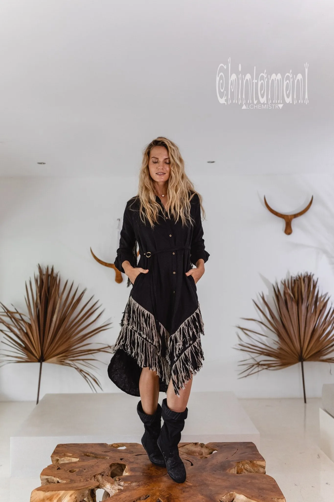 Linen Fringe Boho Shirt Dress for Women / Black