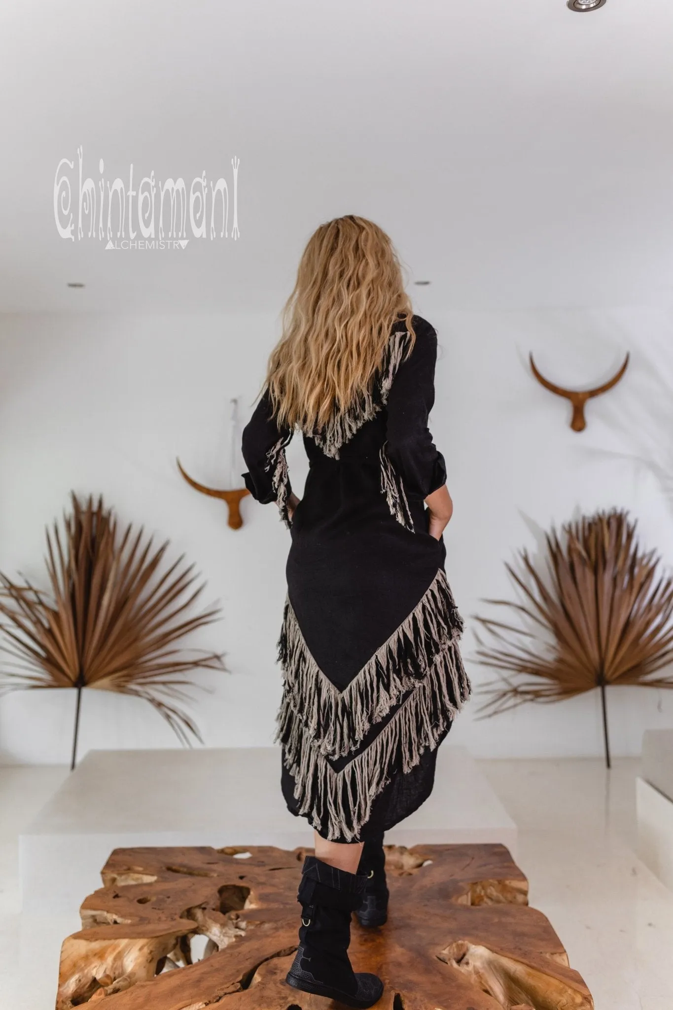 Linen Fringe Boho Shirt Dress for Women / Black