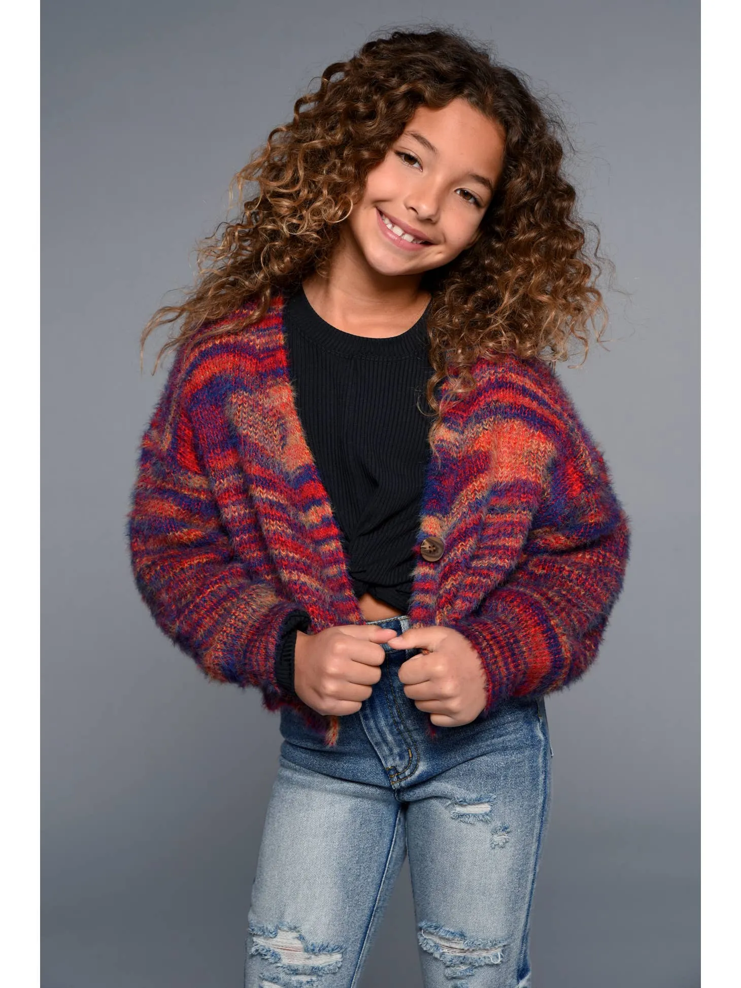 Little l Big Girl’s Heather Color-block Fuzzy Cardigan