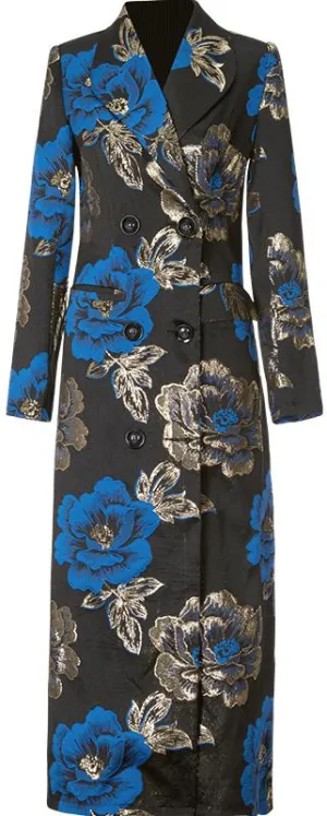 Long Floral Jacquard Trench Coat