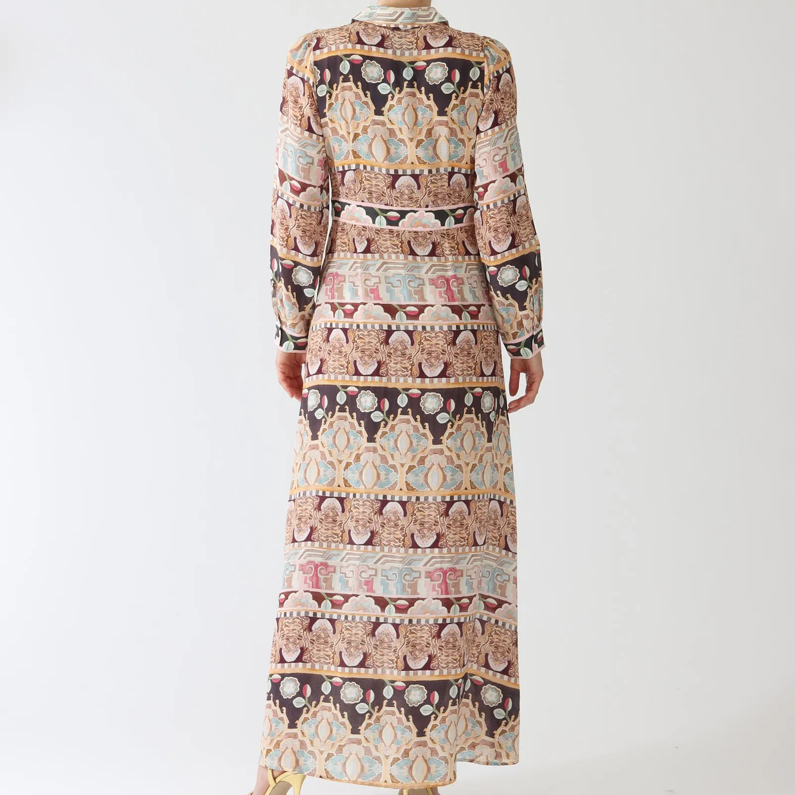 Lotus Tiger Printed Silk Maxi Shirt Dress