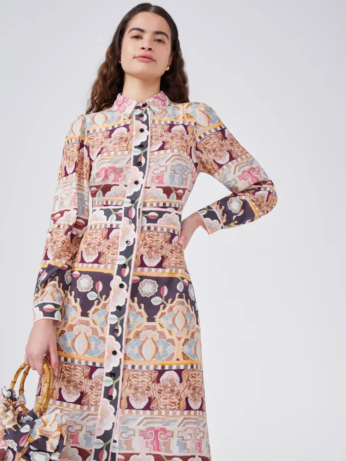 Lotus Tiger Printed Silk Maxi Shirt Dress