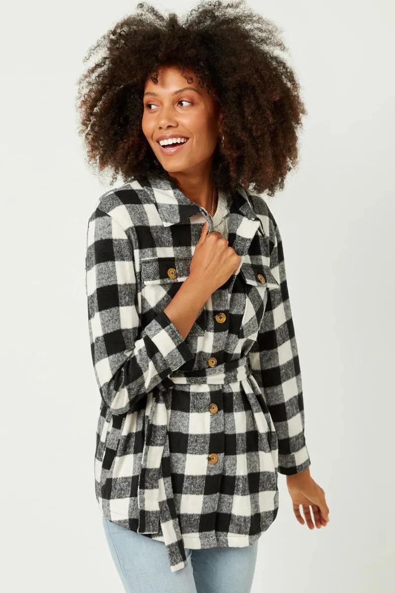 Maylee Misses Black Check Belted Long Shacket S-L