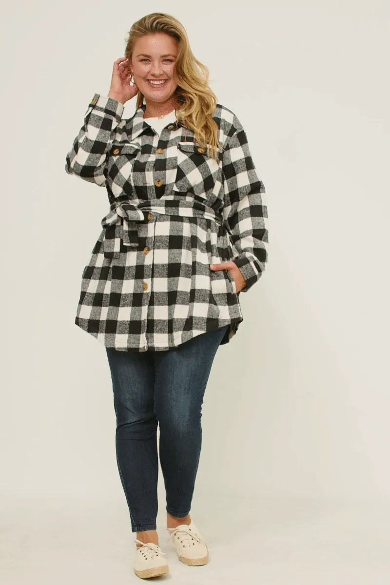 Maylee Plus Black Check Belted Long Shacket 1X-3X