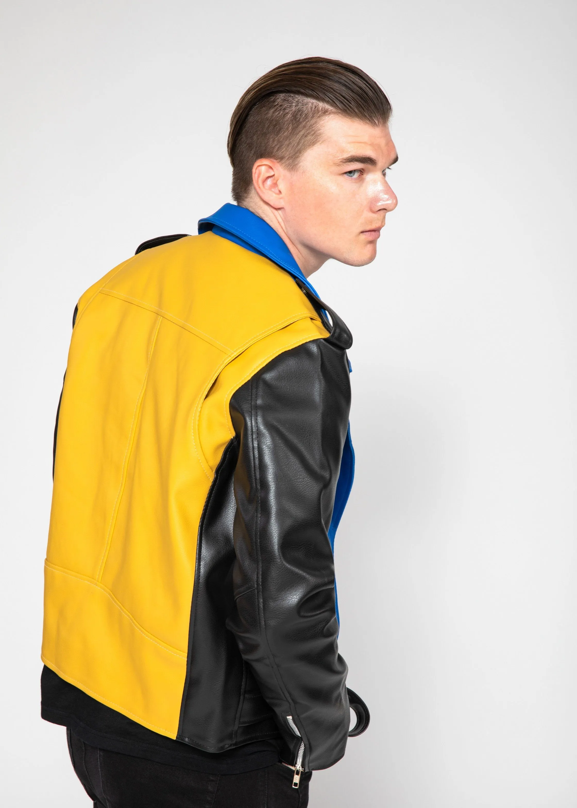 Men's Block Print Moto Style Faux Leather Jacket - Blue/Yellow