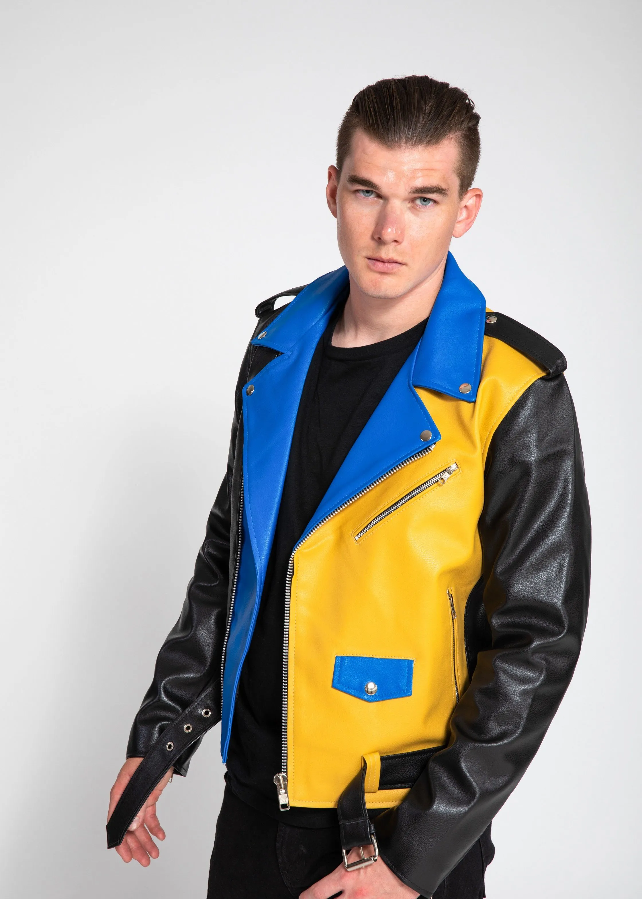 Men's Block Print Moto Style Faux Leather Jacket - Blue/Yellow