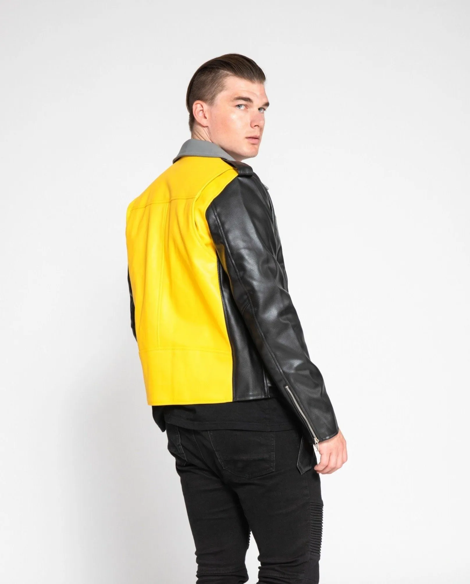 Men's Block Print Moto Style Faux Leather Jacket - Yellow/Gray