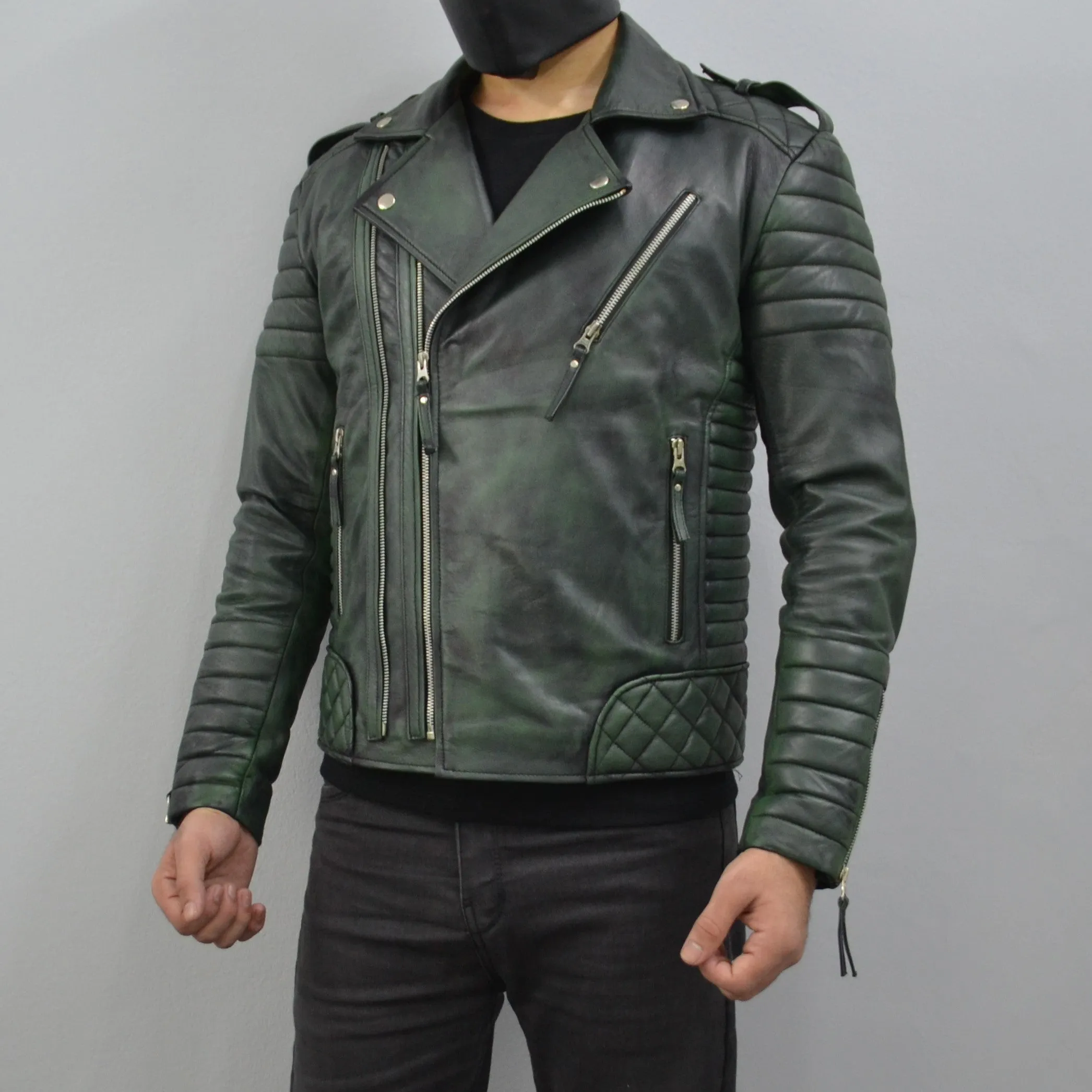 Men's Brando Burnt Green Motorcycle Genuine Leather Biker Jacket