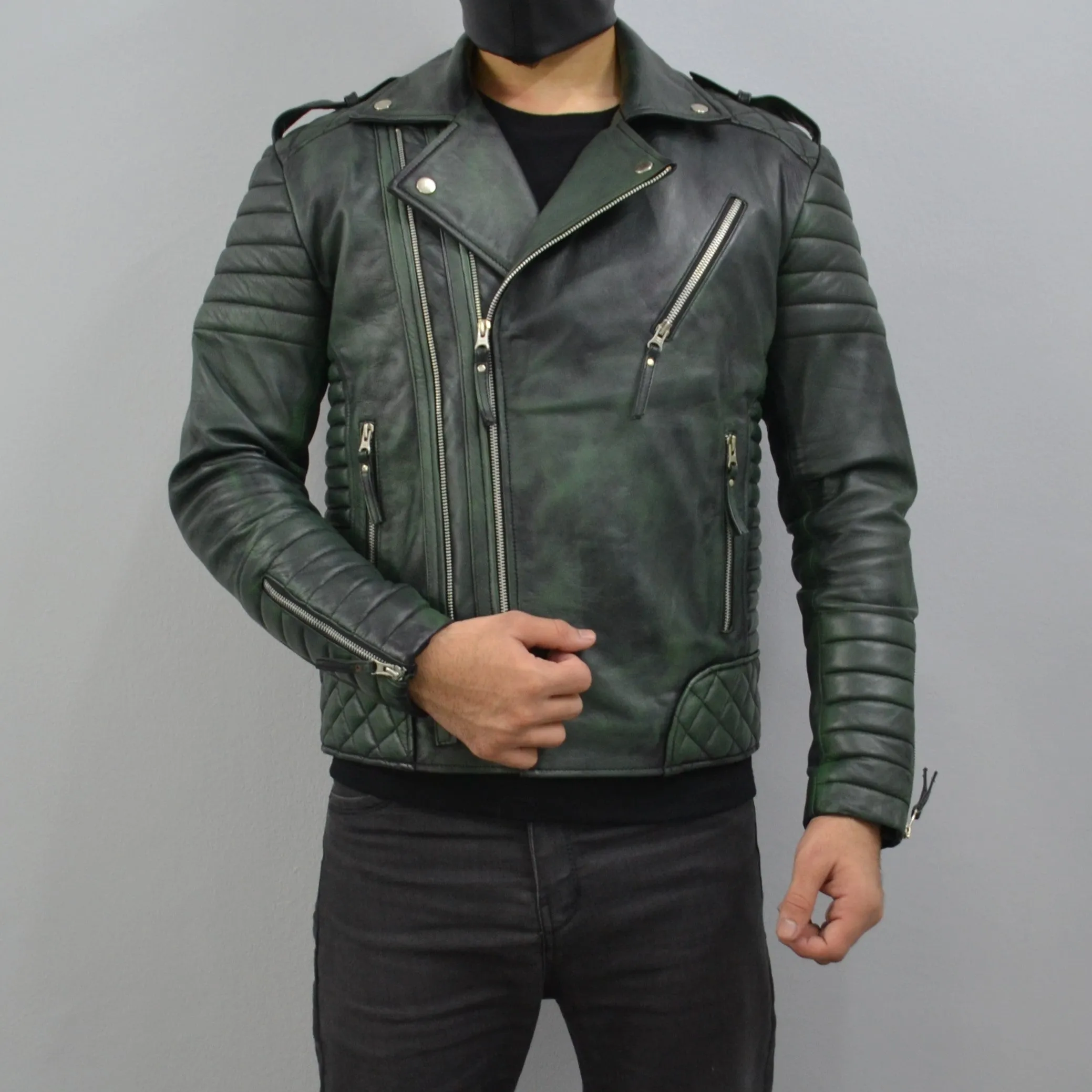 Men's Brando Burnt Green Motorcycle Genuine Leather Biker Jacket