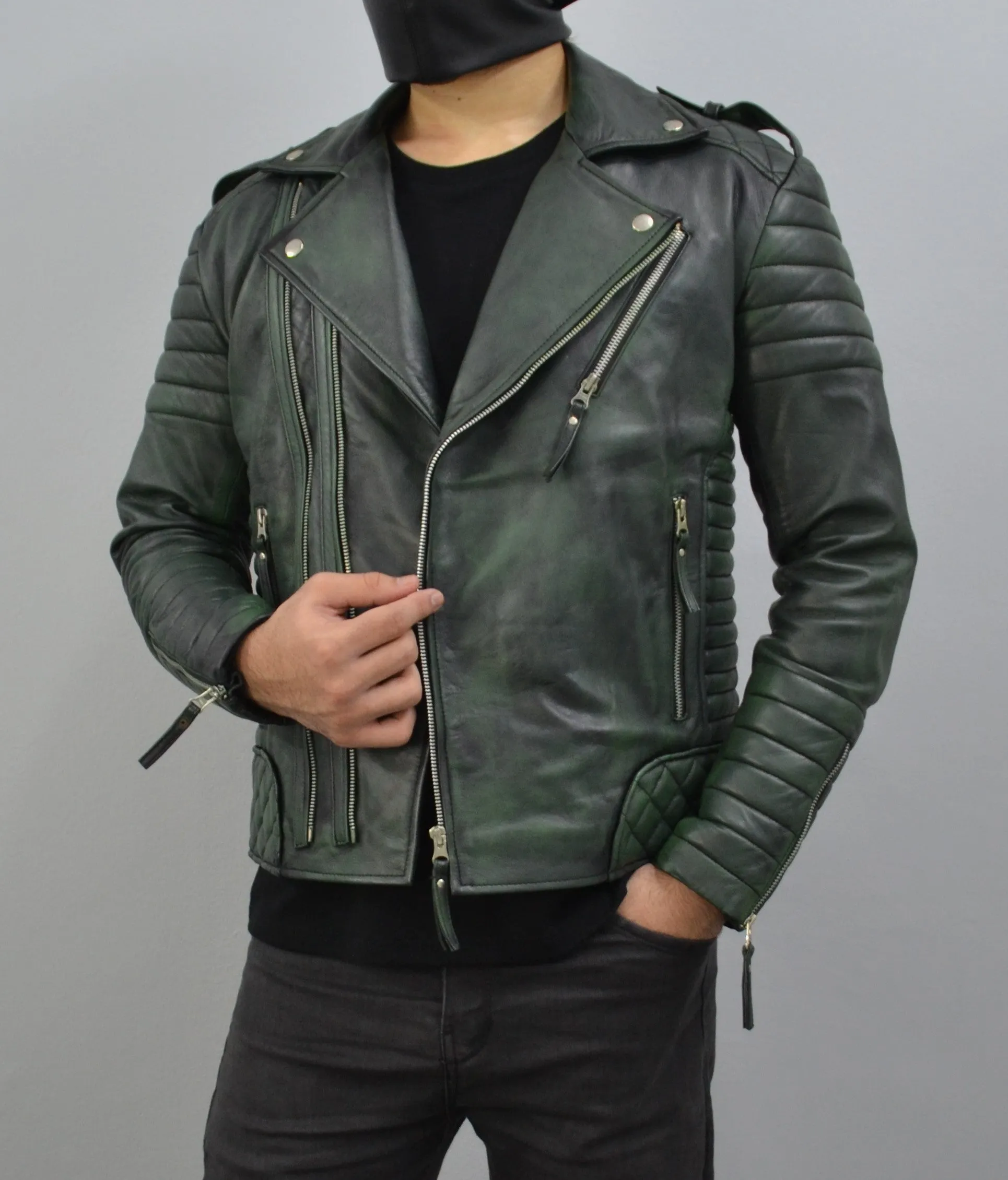 Men's Brando Burnt Green Motorcycle Genuine Leather Biker Jacket