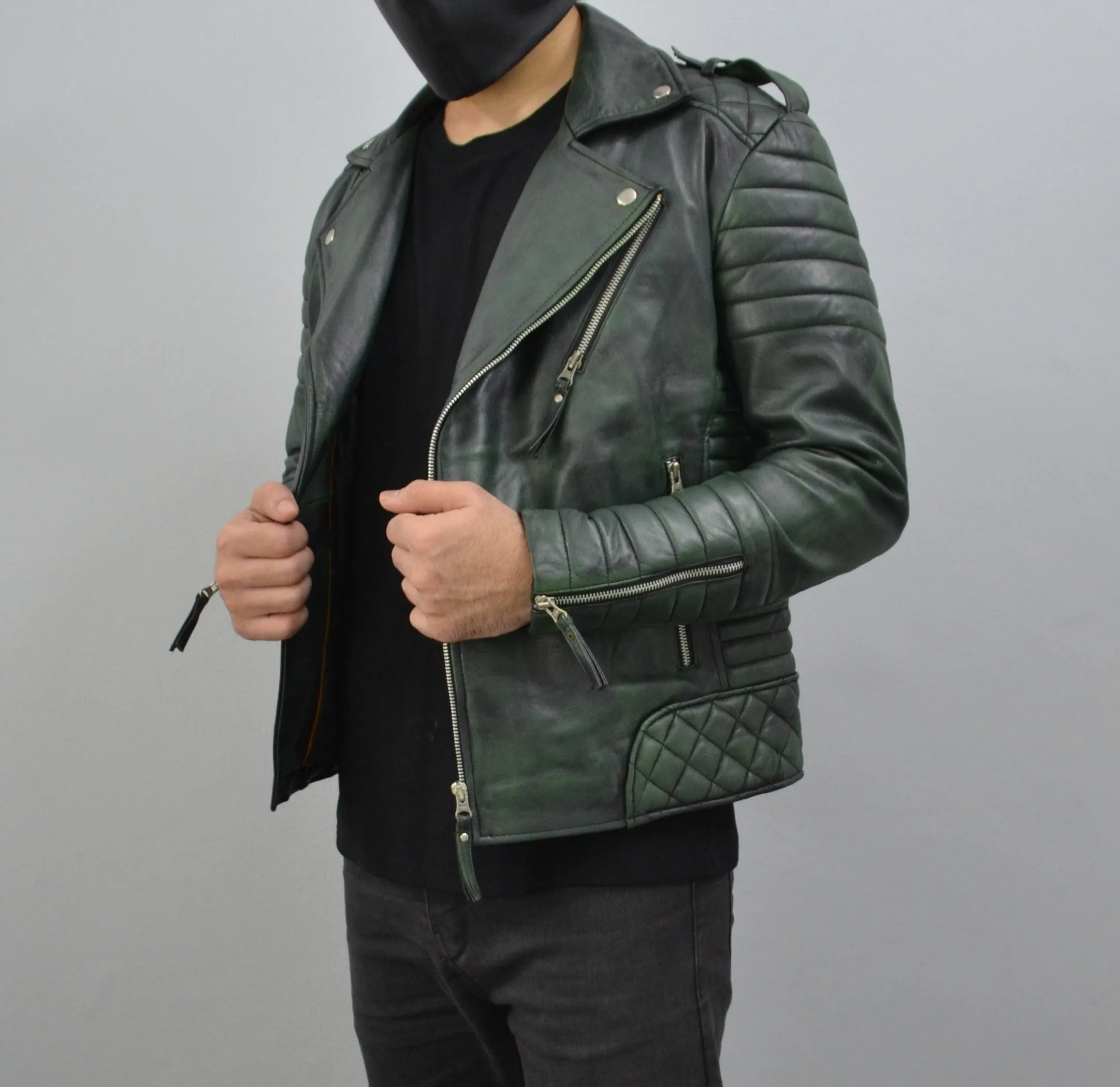 Men's Brando Burnt Green Motorcycle Genuine Leather Biker Jacket