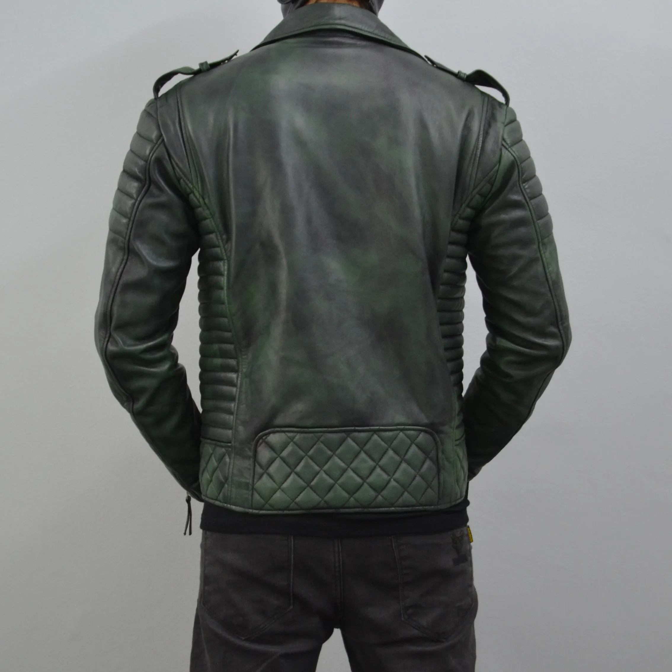 Men's Brando Burnt Green Motorcycle Genuine Leather Biker Jacket