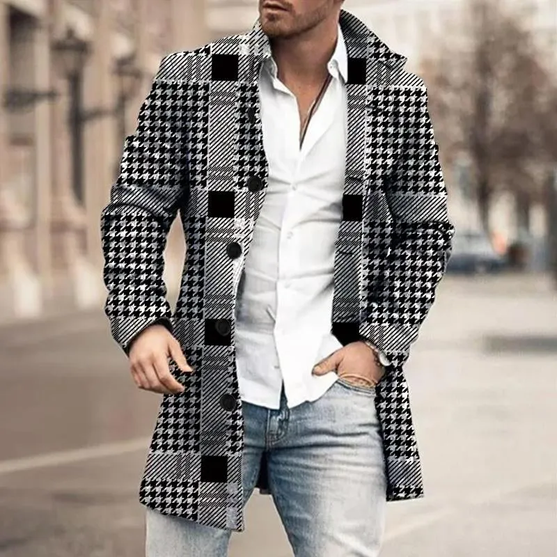 Men's Mid-Length Plaid Print Coat Casual Windbreaker 54015895YY