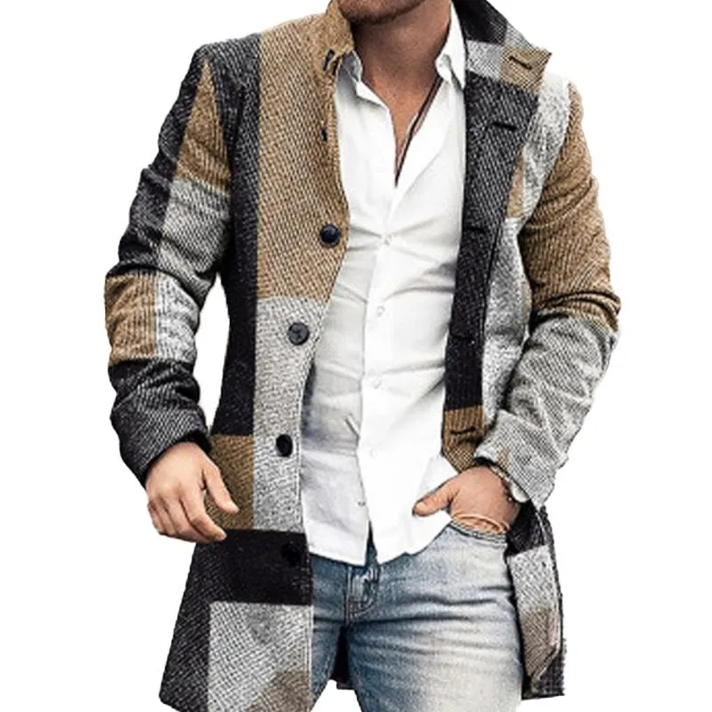 Men's Mid-length Plaid Print Coat Casual Windbreaker 75913754L