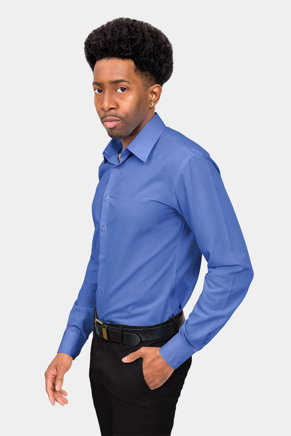 Men's Slim Fit Solid Color Dress Shirt (French Blue)