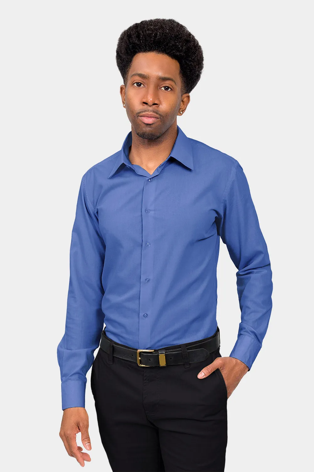 Men's Slim Fit Solid Color Dress Shirt (French Blue)