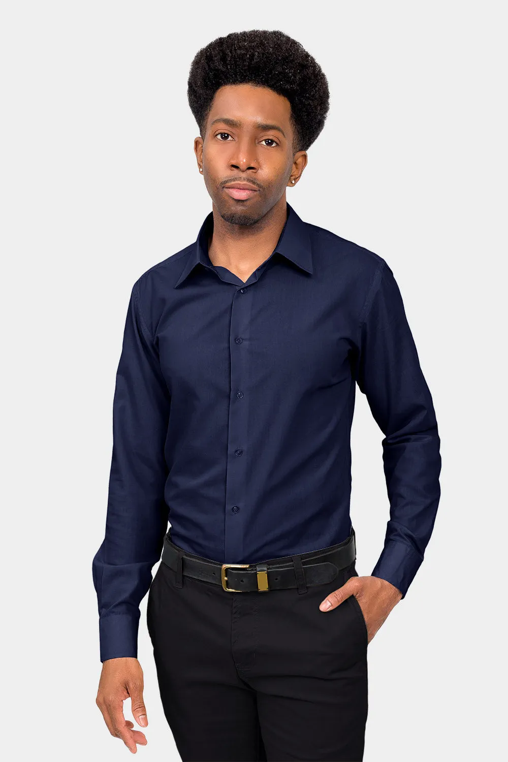 Men's Slim Fit Solid Color Dress Shirt (Navy)