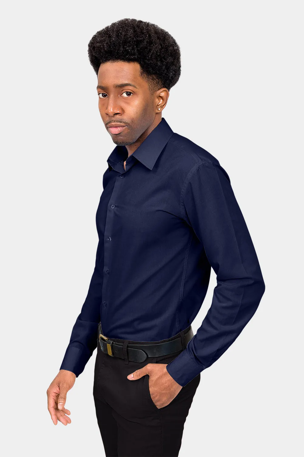 Men's Slim Fit Solid Color Dress Shirt (Navy)