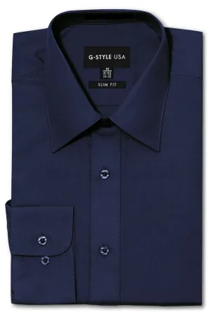 Men's Slim Fit Solid Color Dress Shirt (Navy)