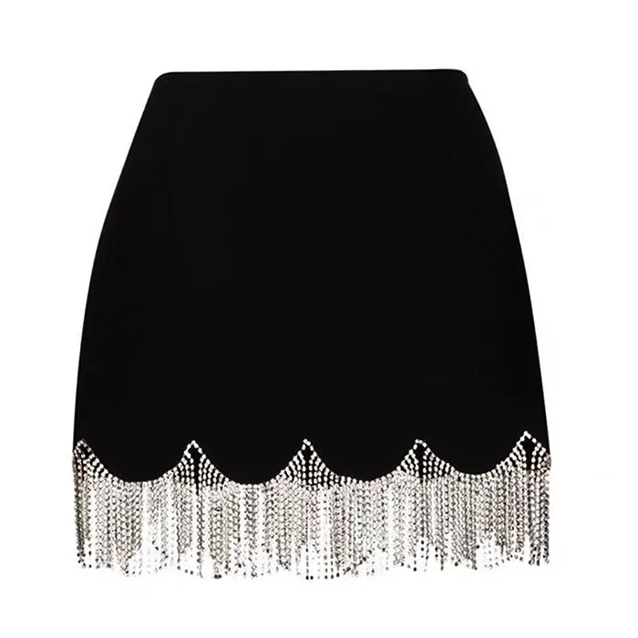 Midnight Rhinestone Fringe Skirt