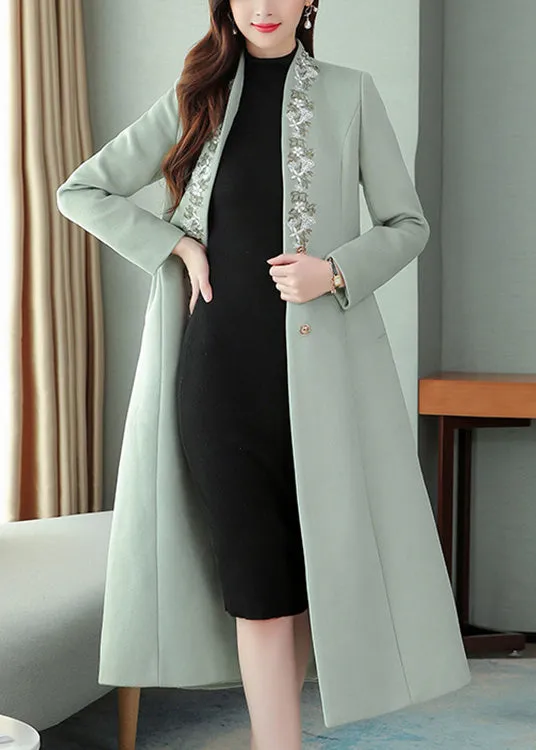 Mint Green Embroideried Floral Woolen Maxi Trench Coat Long Sleeve