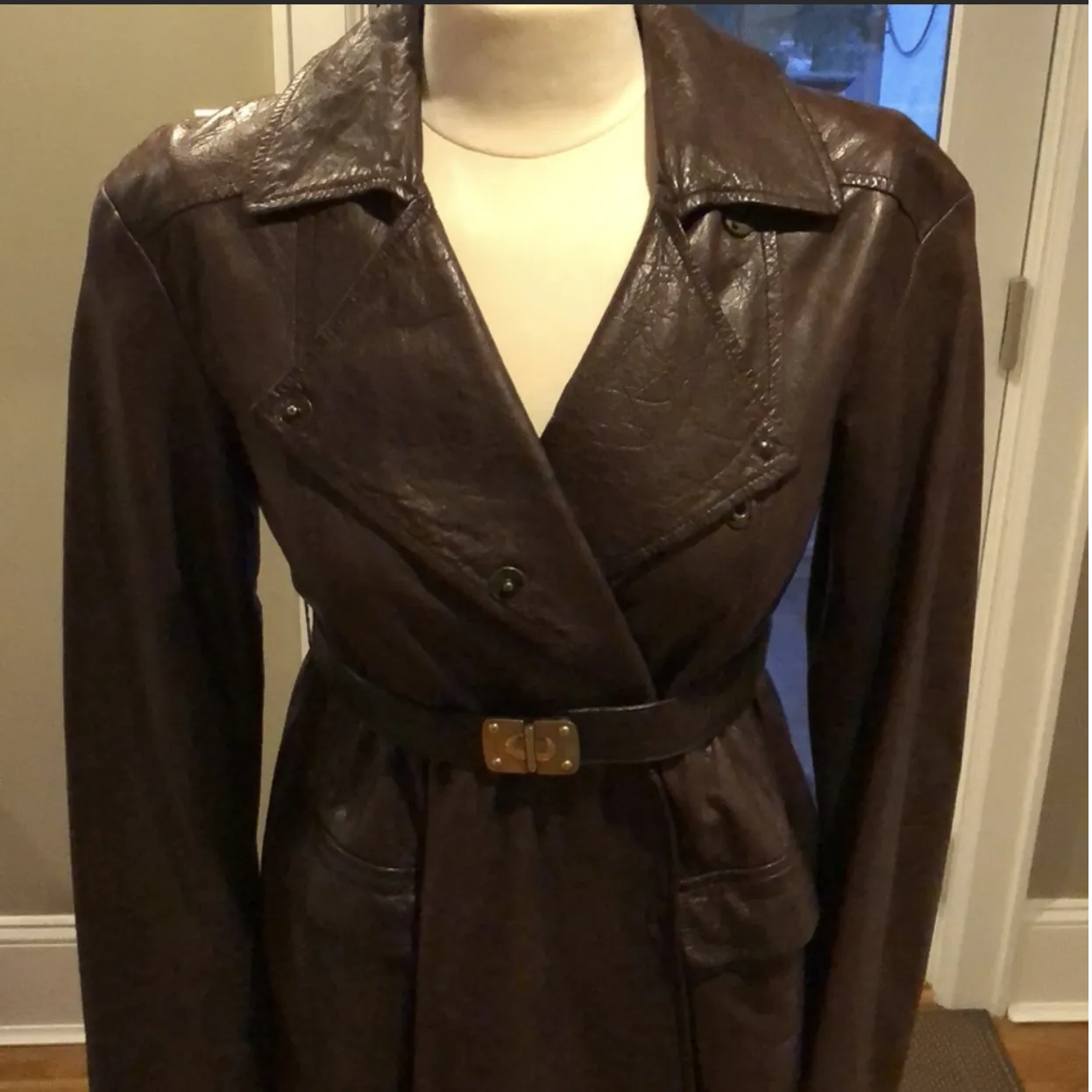 Miu Miu Brown Leather Trench Coat.