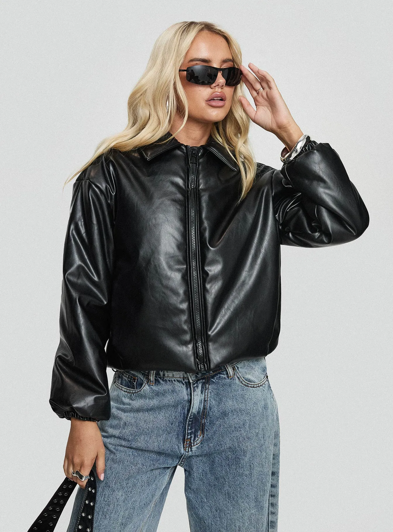 Nantes Faux Leather Bomber Jacket Black