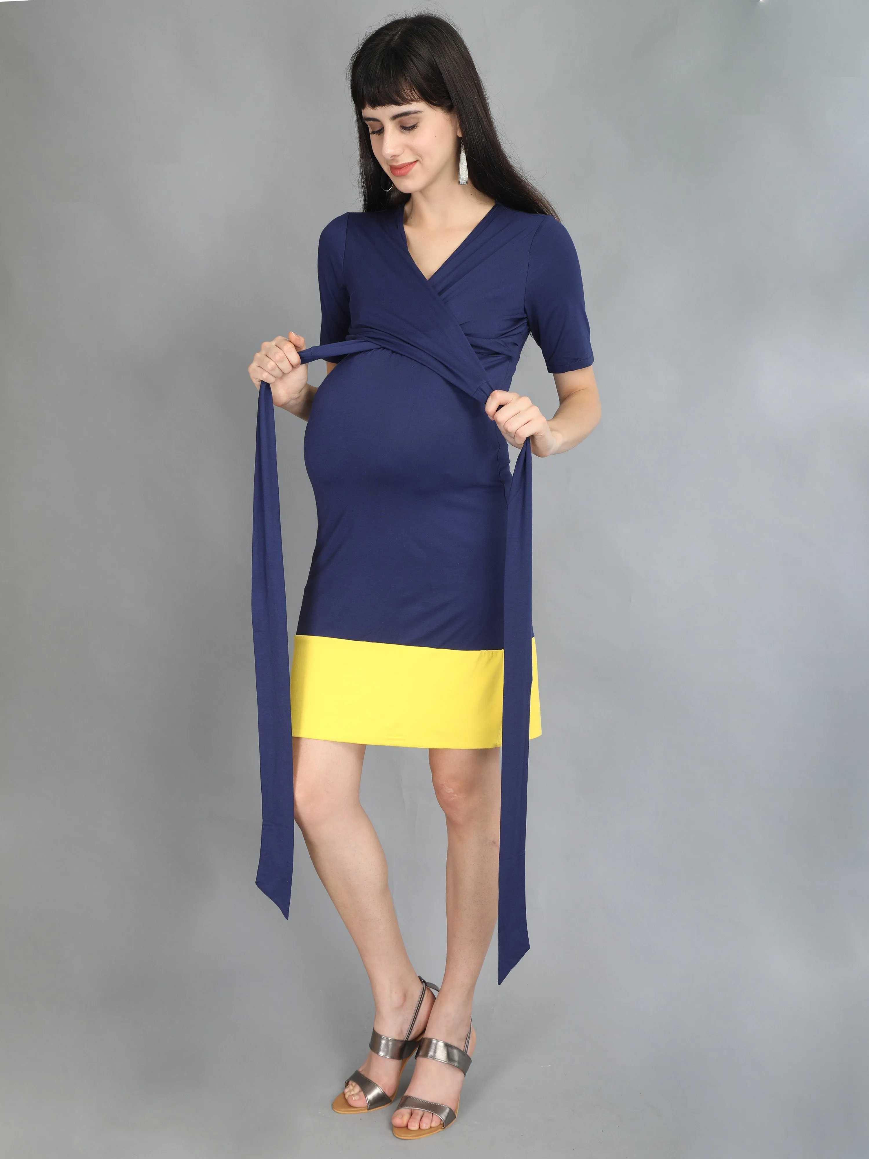 Navy Blue & Yellow Wrap Maternity And Nursing Dress