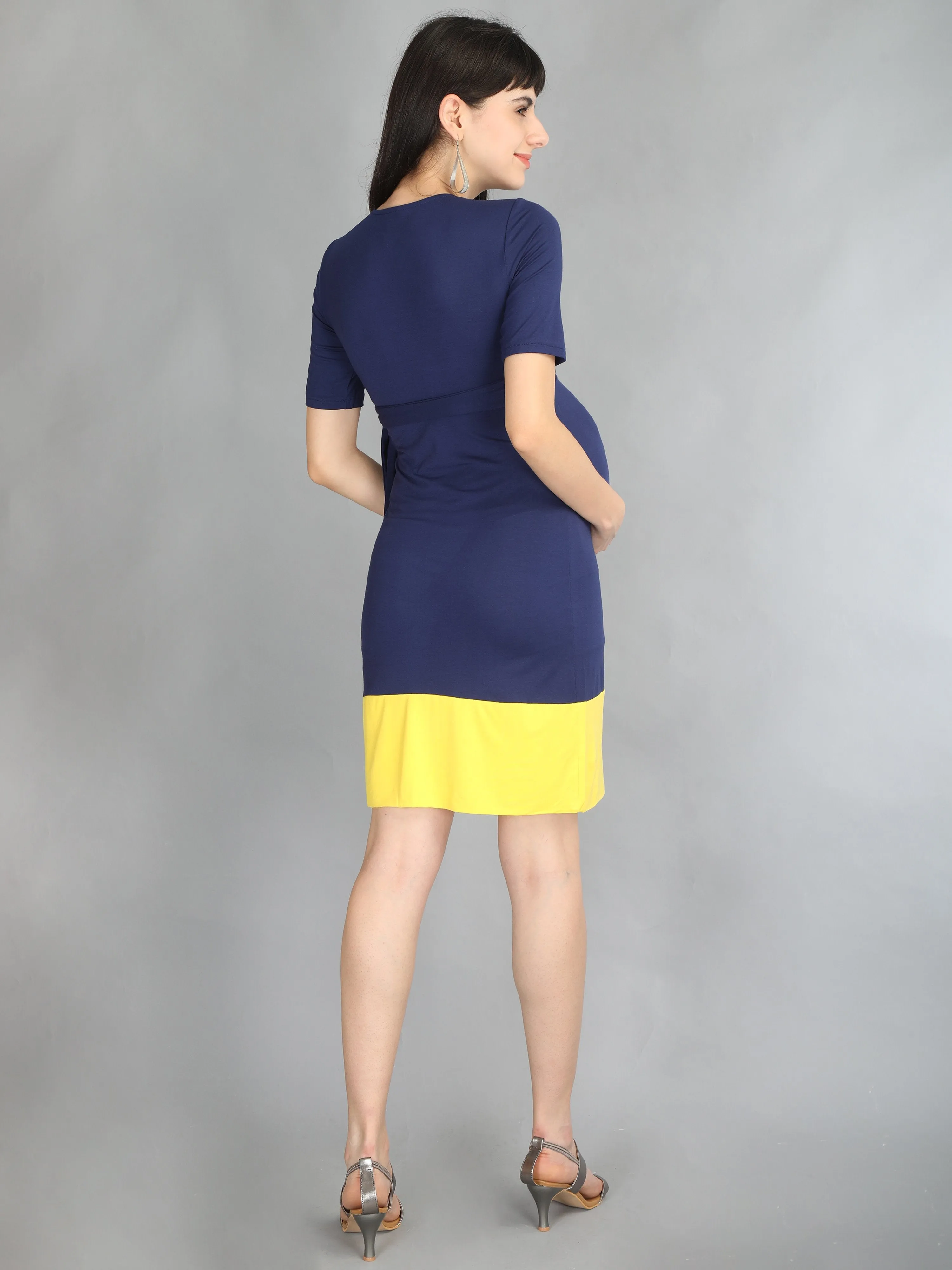 Navy Blue & Yellow Wrap Maternity And Nursing Dress