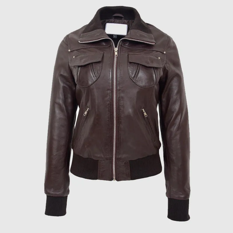 New Premium Quality Womens Leather Classic Bomber Jacket Motto Brown