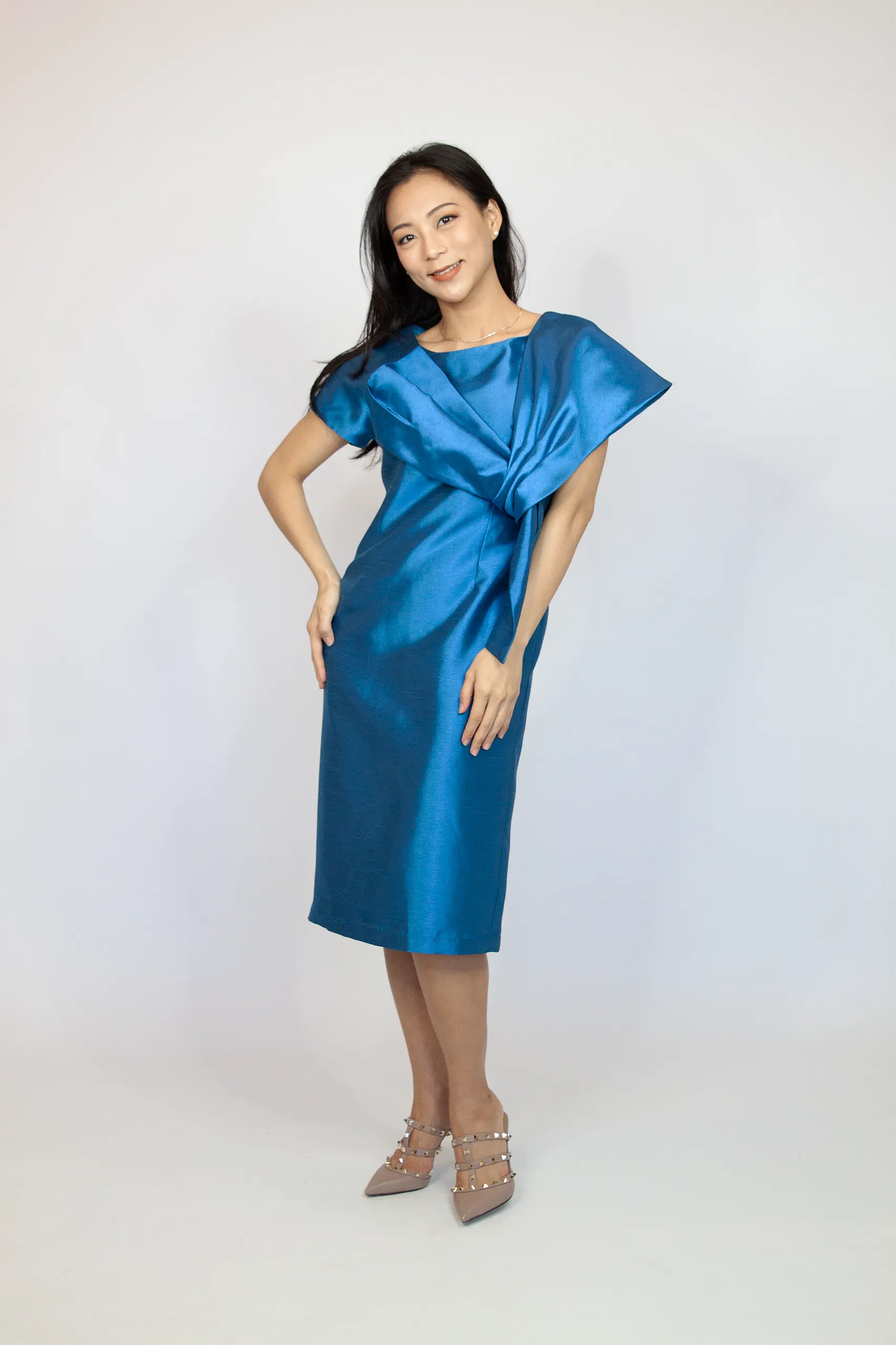 One Side Bow Wrap Shantung Dress