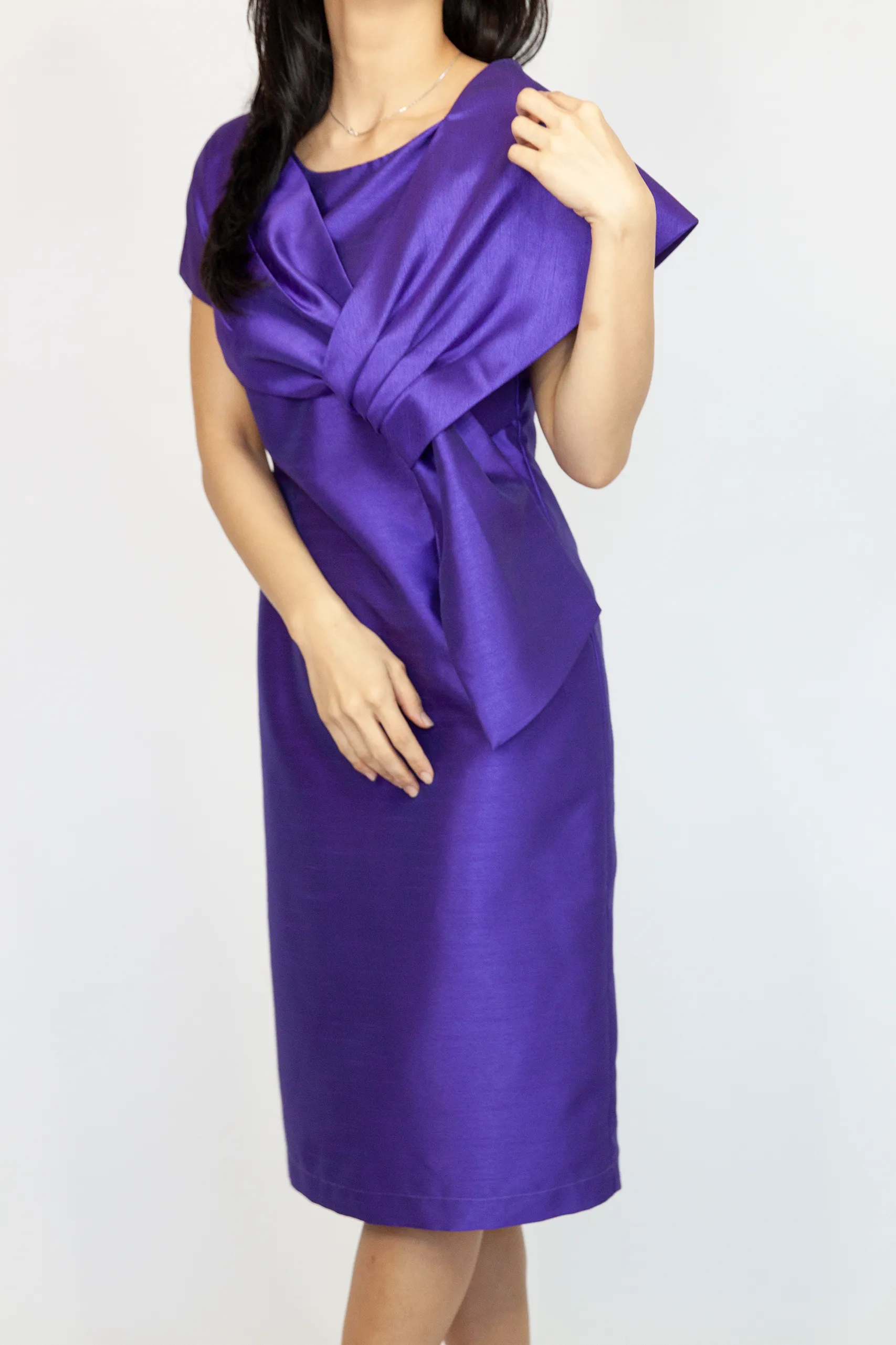 One Side Bow Wrap Shantung Dress