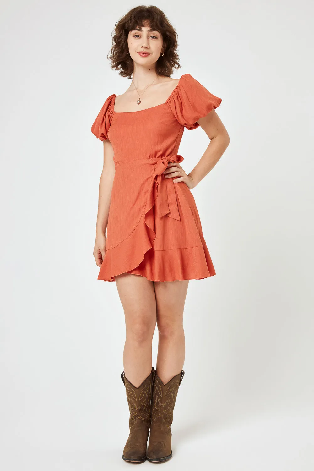 Orange Puff Sleeve Wrap Dress