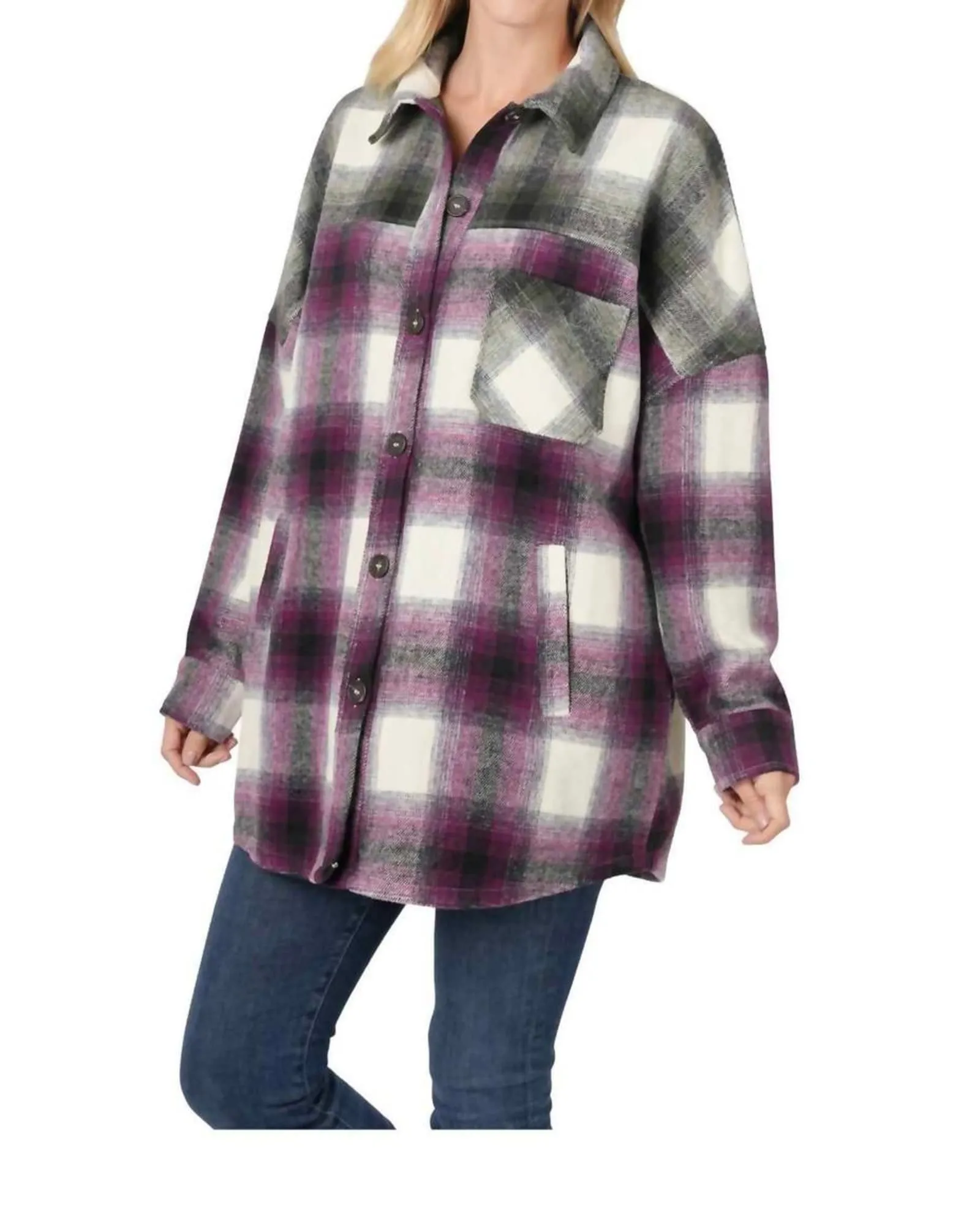 Oversized Yarn Dyed Plaid Shacket in Eggplant/Olive | Eggplant/Olive