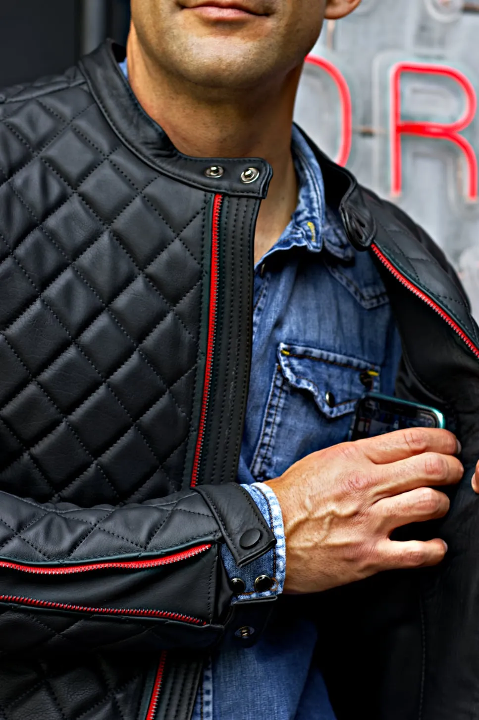 PANAMERICA Leather Jacket - Quilted, in Calfskin Black & Black Zips / Red