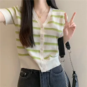 PIN GROUPS Ani Kang |korean Soft Sister Hollow Out Striped Short Sleeve Knitted T-shirt Women Fashion V-neck Slim Short Top Woman Casual Summer Top