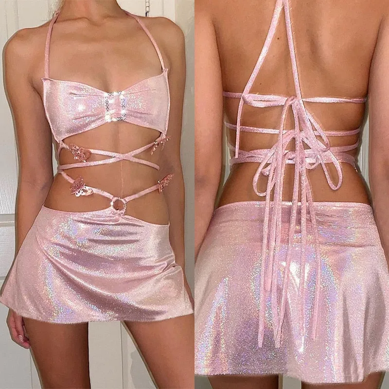 Pink Glitter Bra Top & Skirt Strappy Set